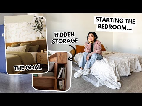 BUILDING MY DREAM BED FROM SCRATCH! *diy velvet upholstered headboard with hidden bookshelf storage*